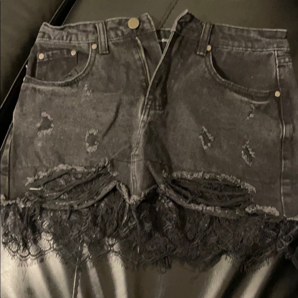 Black Denim Skirt with Lace Hemming